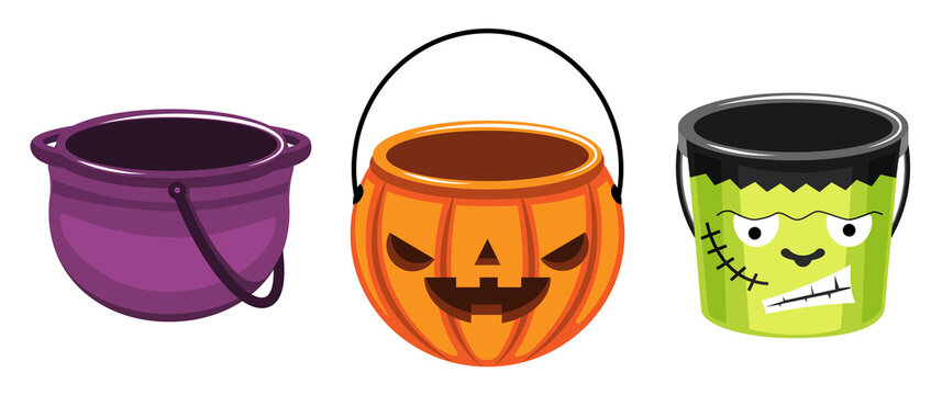 Illustration vector isolated bucket candy or popcorn collection set on happy halloween day costume for kids party on white background