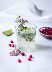 natural cocktail with berry and cut lime on stone desk background