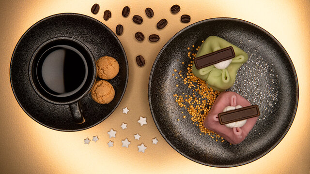 Marzipant&ouml;rtchen mit einer Tasse Kaffee &auml;ug goldenem Hintergrund