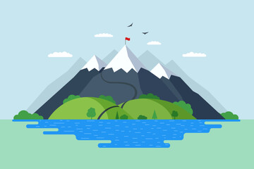 High mountain with green hills forest and blue lake nature landscape. Climbers route trail to rock top and red flag on peak. Victory achievement and overcoming difficulties symbol vector illustration