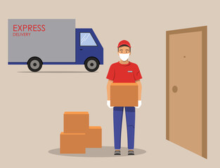 Delivery guy wearing a mask and gloves, handing box on doorway. Vector illustration.