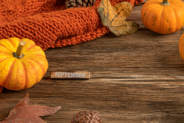 autumn template for September with dried leaves on wooden background