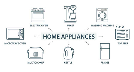 Vector illustration of a group, a set of icons, miniature infographics in one style, toaster, home appliances, refrigerator, washing machine, multicooker, Web icons. Mixer, electric oven.