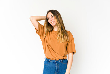 Young caucasian woman isolated on white background tired and very sleepy keeping hand on head.