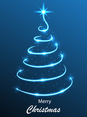 Abstract christmas tree made of bright spiral light, vector art illustration.