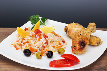 delicious fried chicken and delicious rice with vegetables