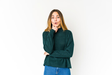 Young caucasian woman isolated on white background having some great idea, concept of creativity.