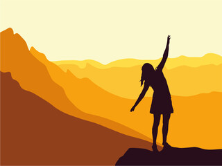 Girl stands on the top of the mountain in dance pose. Sunset, orange mountain background, vector illustration. 