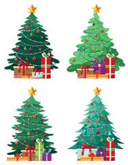Set of different christmas trees. Beautiful spruces in cartoon style.