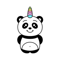 Panda Unicorn cartoon character. Funny kawaii pandacorn smiling. Cute baby panda with colorful rainbow horn. Fantasy animal standing. Isolated on white background. Vector illustration, flat, clip art