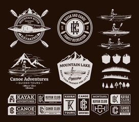 Canoe and kayak logo, badges and design elements. Water sport, recreation, canoeing and kayaking design concepts