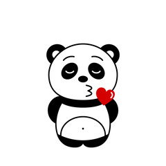 Cute panda blows air kiss. Funny kawaii panda in love. Panda bear emoji sending love. Romantic animal character with heart and lips. Isolated on white background. Vector illustration, flat, clip art.