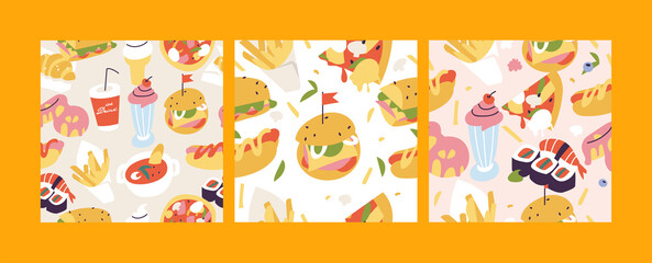 Vector illustration set of colorful cartoon fast food icons. Seamless pattern with junk food.