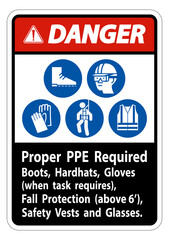 Fototapeta premium Danger Sign Proper PPE Required Boots, Hardhats, Gloves When Task Requires Fall Protection With PPE Symbols