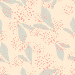 Soft tender seamless patten with leaf pale silhouettes. Light pink background and blue botanic ornament with splashes.