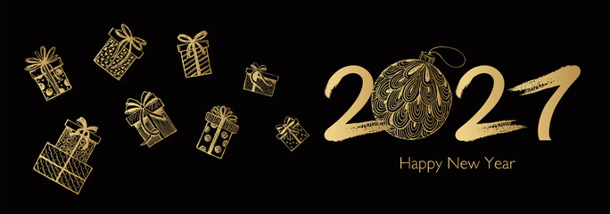 New Year 2021.Gift boxes set. Hand drawn illustration.  © Tatiana