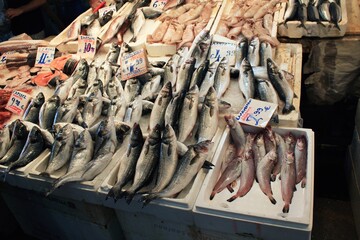 Stalls with sea food at fish market in Athens, Greece, July 27 2020.