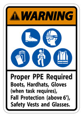 Warning Sign Proper PPE Required Boots, Hardhats, Gloves When Task Requires Fall Protection With PPE Symbols