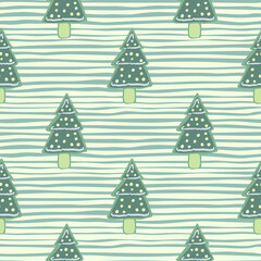 Winter seamless pattern with doodle tree cookies. New year dotted tasty dessert on stripped background. Blue and green tones palette.