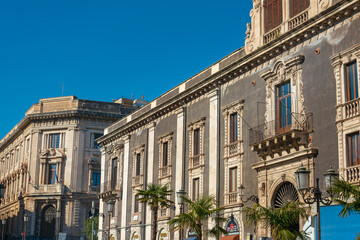 Fototapeta na wymiar CATANIA, ITALY - January 19, 2019: Antique building view in Old Town Catania, Italy