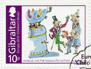 GIBRALTAR - 2010: shows Charlie and the Chocolate Factory, Roald Dahl, series Europa Childrens books, 2010 - obrazy, fototapety, plakaty