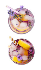 Lavender lemonade on white background, top view