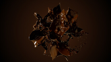 Chocolate liquid explosion on dark background. 3D render animation of splash liquid. 3d illustration