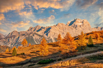 Amazing autumn scenery of Italian Dolomite Alps in sunset light