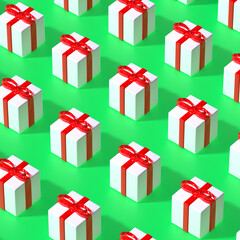 3d render. Pattern of Xmas gift boxes on neon green background. Winter holidays concept.