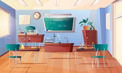 Classroom for chemistry subject. Cartoon interior with chalkboard, clock on the wall, desks, teacher table, books, test tubes, equipment for experiments, flasks. Vector illustration.