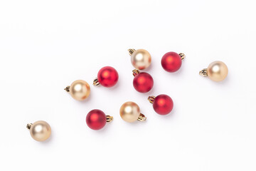 Minimal christmas composition. Golden and red christmas balls on white background