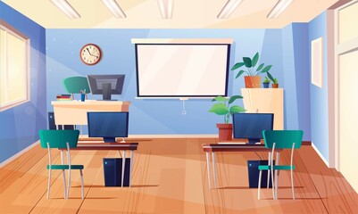 Computer classroom. Cartoon interior with board, clock on the wall, monitor,  personal computers on desks, teacher table, books, plants in spots. Vector illustration.