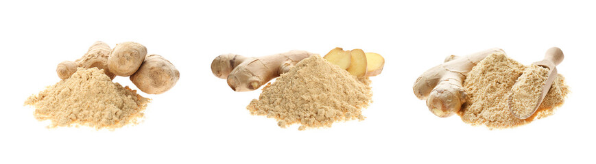 Set with ginger root and powder on white background. Banner design