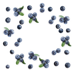 Frame of fresh blueberries on white background, top view