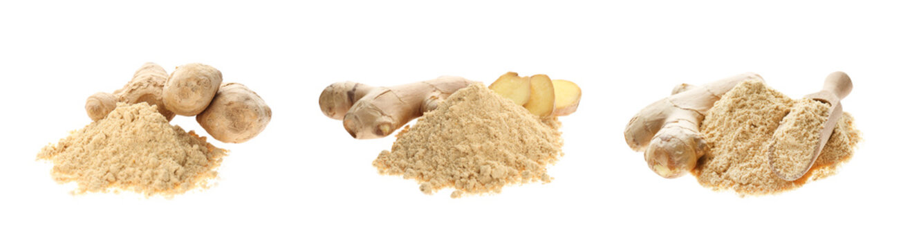 Set with ginger root and powder on white background. Banner design
