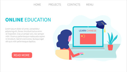 Landing page template. Online Chinese learning, distance education concept. Language training and courses. Woman student studies foreign languages on a website in a laptop. Vector in flat design.