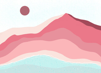 Abstract minimalistic pink mountains and seashore 