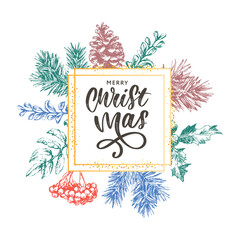 Christmas Poster - Illustration. Lettering Vector illustration of Christmas Frame with branches of christmas tree.