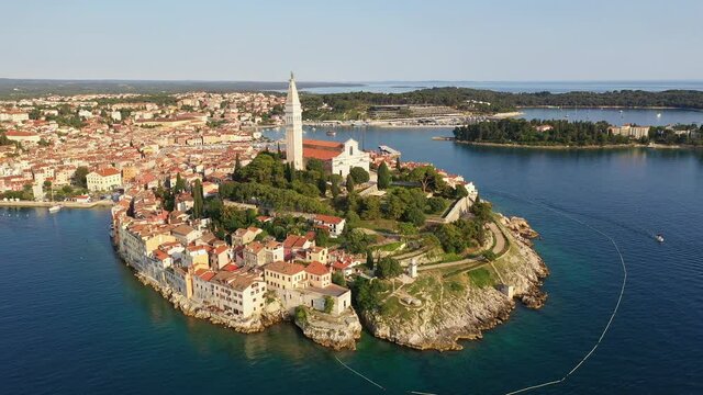 Aerial footage of the famous Rovinj old town in Istria by the Adriatic sea in Croatia. Shot with a motion