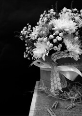 flower arrangement in black and white
