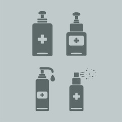 Isolated icons of flacons. Disinfection concept. Personal hygiene. Disinfection, antibacterial spray. Vector illustration in grey colors.