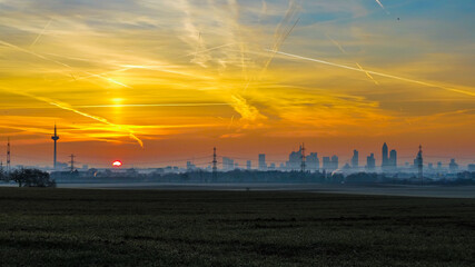 sunset over downtown Frankfurt, germany