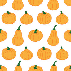 Yellow-orange pumpkins on a white background. Seamless vector pattern. Autumn illustrations for holiday decorations, cards, banners, gift wrapping paper, modern prints, vibrant fabrics, and textiles.