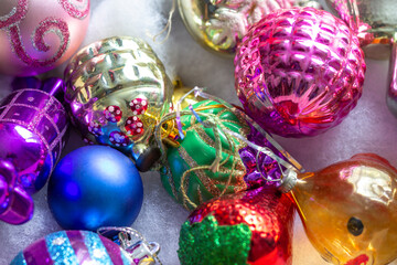 A box with old Soviet glass Christmas toys unpacked in anticipation of the holiday.