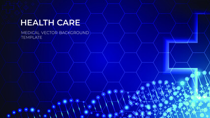 Medical Vector Background Template with glowing cross and abstract DNA on blue background with hexagons, home page 