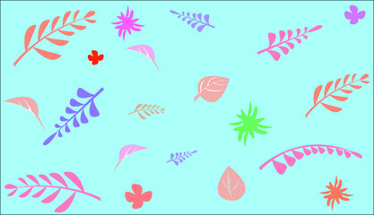 An abstract background with autumn leaves. Colourful leaves isolated on blue background. A poster of autumn leaves. A patterned background with colourful leaves.