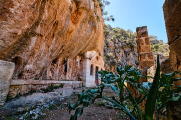 Orthodox cave church of St John the Hermit in abandoned Katholiko monastery in Avlaki gorge,...
