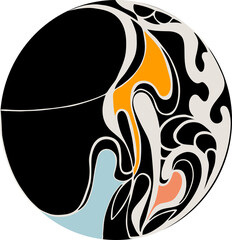 black ball with abstract lines and color accents