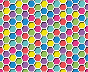 Vector multicolored honeycomb seamless pattern. Yellow, red, blue, turquoise, purple, green colors and white stroke.