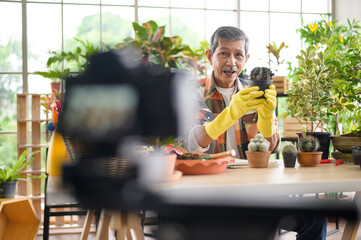 A senior man entrepreneur working with camera presents houseplants during online live stream at...